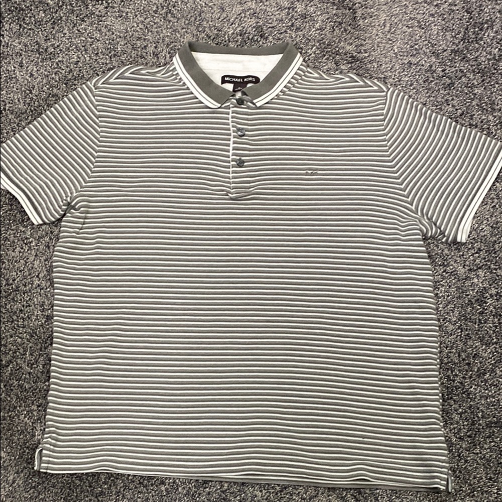 Michael Kors Gray and White Striped Polo Shirt. M